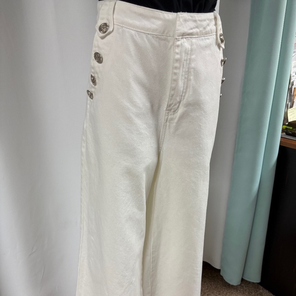FREE MARKET WHITE DENIM SAILOR PANTS SUPER WIDE LEGS SILVER BUTTONS M - Picture 5 of 9